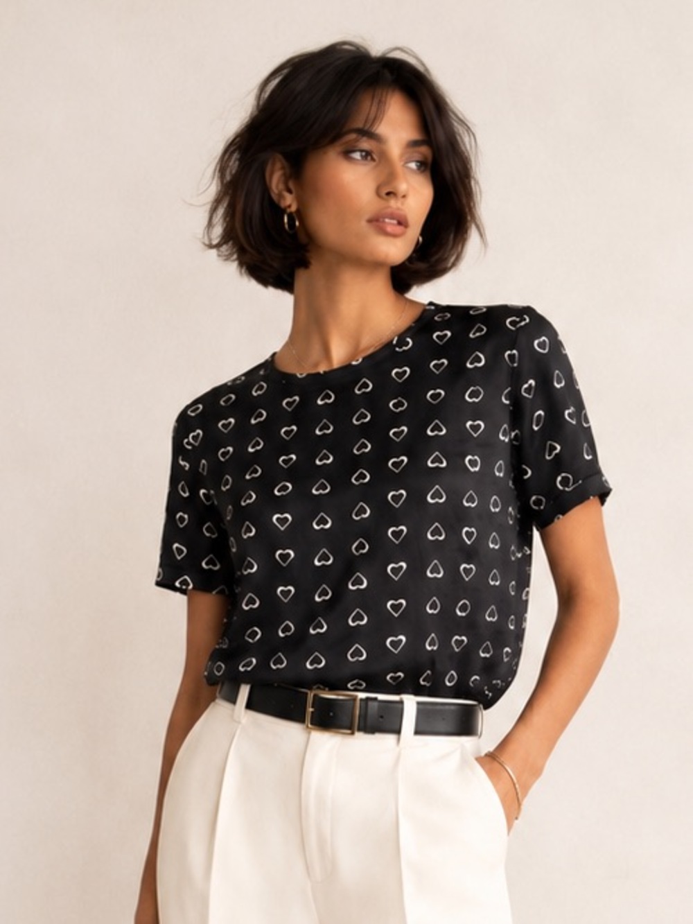 Equipment Femme Silk Heart Print Blouse Black White Designer short skeeve Sz S
